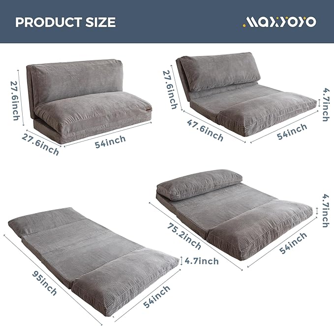 MAXYOYO Folding Sofa Bed, Extra Thick and Long Floor Sofa Convertible Sleeper Chair with Washable Cover, Floor Couch Lounge Bean Bag Bed for Living Room, Grey, 54x95 Inch