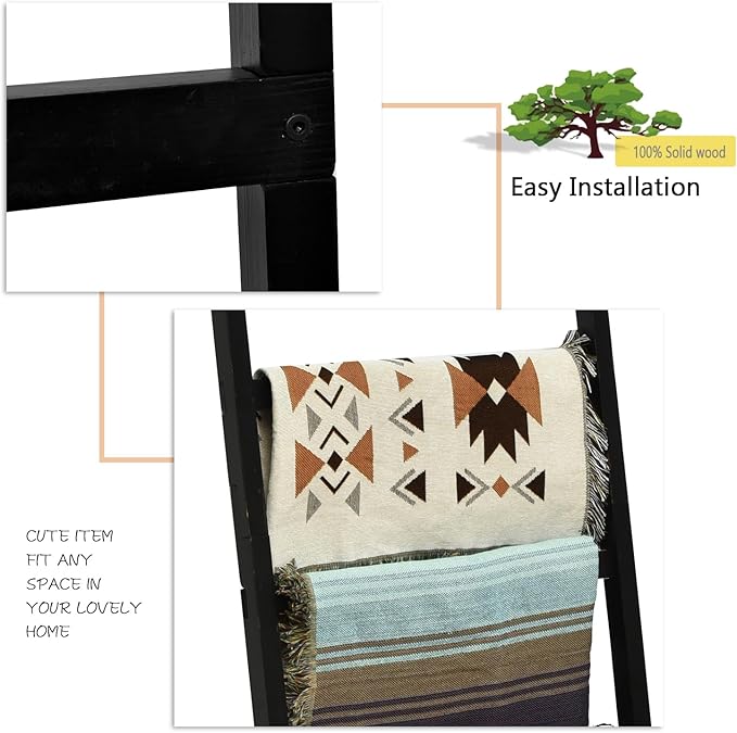 FUIN 6.4ft Extra Wide Wooden Blanket Ladder Living Room Decorative Wal Leaning Farmhouse Quilt Display Holder Rustic Wood Towel Rack for Bathroom, Black, 24 inch Wide