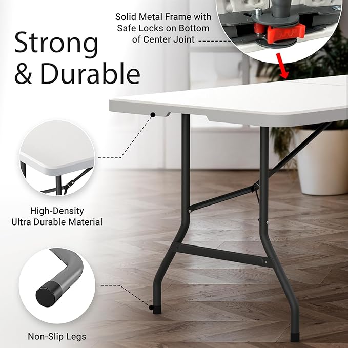 2 Pack of 6 Feet Foldable Table with Built in Handle & Steel Legs | Heavy Duty Portable | Perfect for Party, Dining, Wedding, Events, Picnic Indoor, Outdoor, Camping, Utility, Temporary