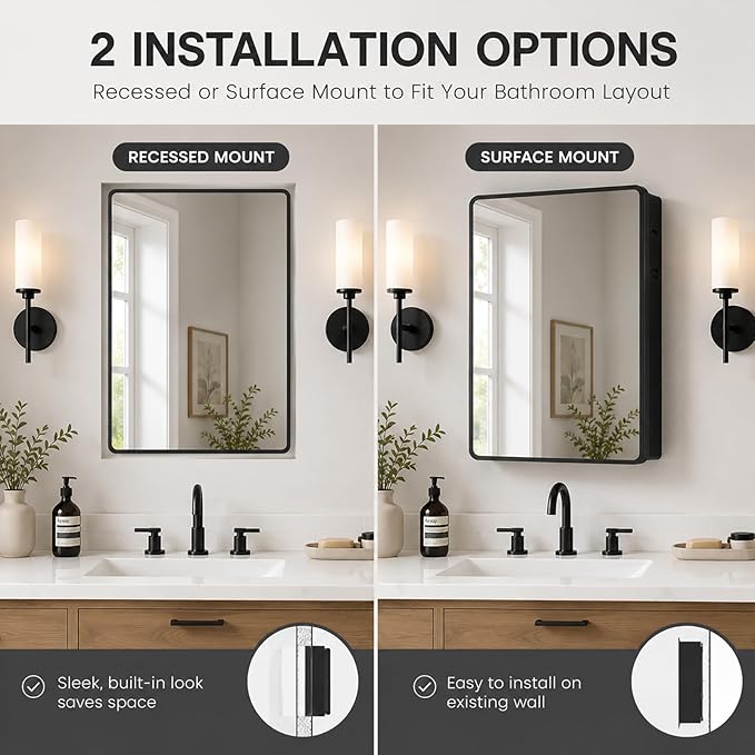 Medicine Cabinet with Mirror, 16x22 inch Black Recessed Medicine Cabinet or Surface Wall Mount Bathroom Cabinets with Adjustable Shelves Metal Framed Mirror, Rounded Rectangle Storage Cabinet