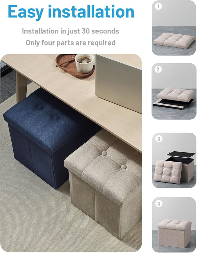 AmasSmile 2PC Ottoman Storage Footrest, 17 inch, Beige, Linen Fabric, Foldable, 43L Hidden Storage Space
