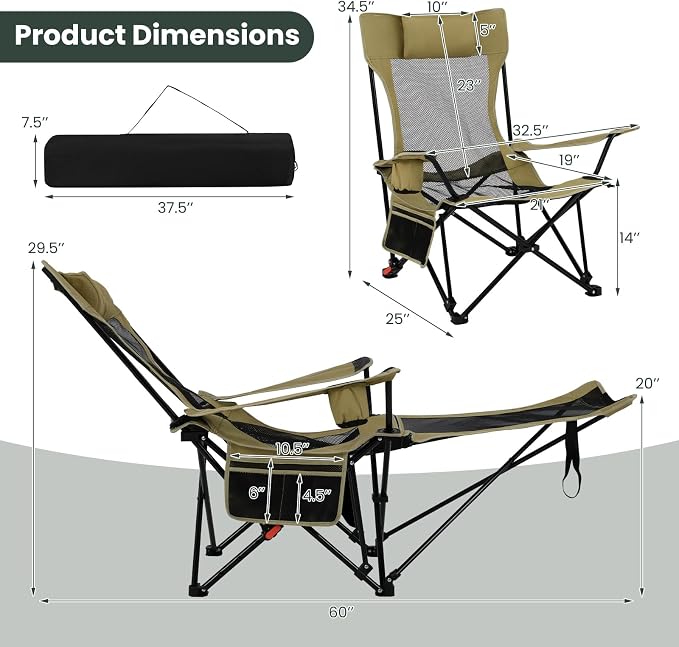 Tangkula Reclining Camping Chair, 2 in 1 Porable Folding Lawn Chair with Removable Footrest, 4-Position Adjustable Backrest, Cup Holder & Side Pocket, Carry Bag (2, Green)