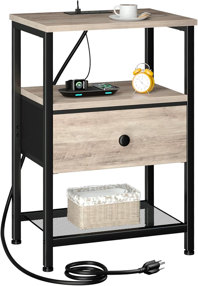 LOAKEKEL Night Stand, Nightstand with Charging Station, Slim Industrial Bedside Table with Fabric Drawer, Small End Table with USB & Type-C Ports for Bedroom, Grey, HETS010GY-1
