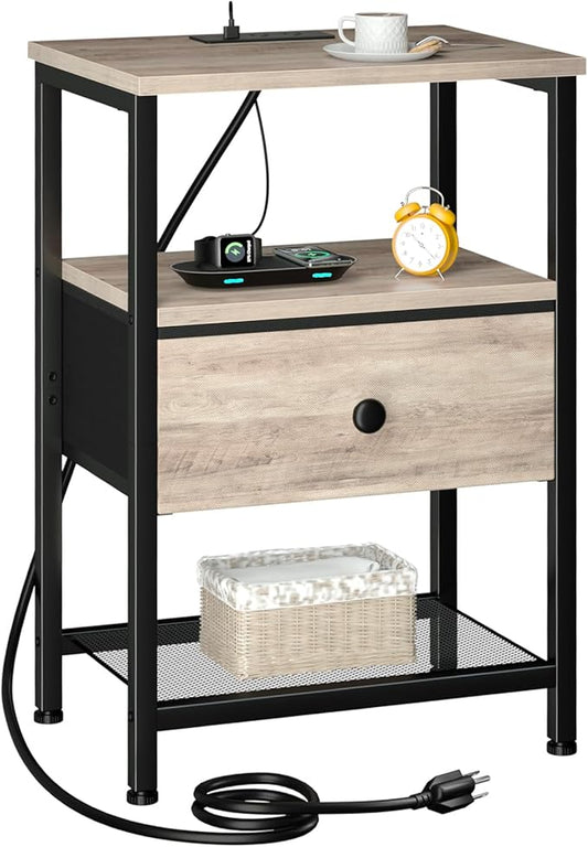 LOAKEKEL Night Stand, Nightstand with Charging Station, Slim Industrial Bedside Table with Fabric Drawer, Small End Table with USB & Type-C Ports for Bedroom, Grey, HETS010GY-1