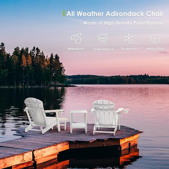 GREENVINES Adirondack-Chairs-with-Ottoman | Set of 4 | Folding | Retractable-Footrest | HDPE Plastic | All Weather Fire Pit Chair | Cup Holders | White | for Outdoor Poolside