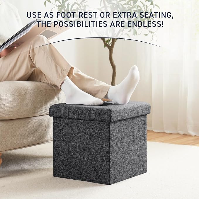 Ornavo Home 2 Pack 15 Inch Folding Storage Ottoman with Storage, Square Cube Linen Small Storage Ottoman Foot Rest Stool - Dark Gray