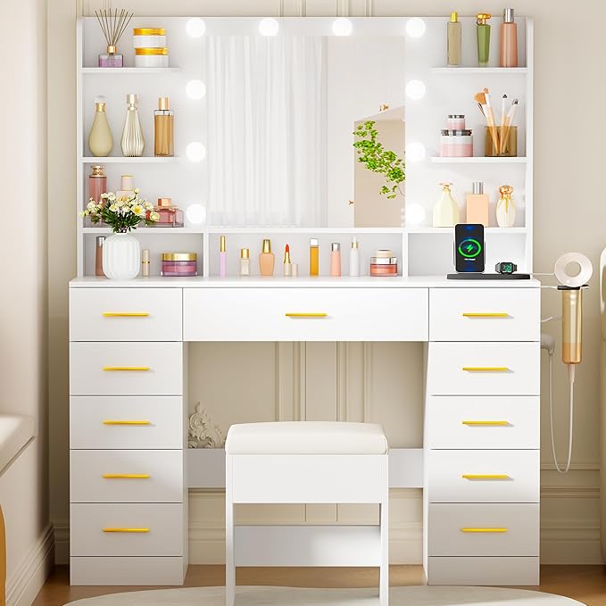 BEWISHOME Vanity Desk with Mirror and Lights,Makeup Vanity Table with Power Outlet,3 Color Modes,White Vanity Set with 11 Drawers,6 Open Shelves and Storage Stool,Dressing Table for Bedroom FST50W