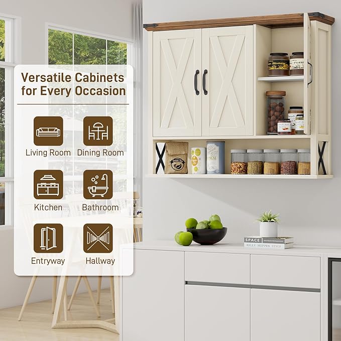 Halitaa Bathroom Wall Cabinet, Farmhouse Medicine Cabinet with Adjustable Wood Shelf & 3 Doors, Over The Toilet Storage Cabinet for Wall Mounted for Bathroom Laundry Room Kitchen, White and Brown