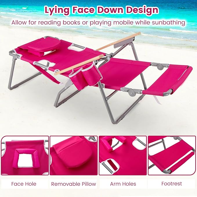 Goplus 3-in-1 Foldable Beach Chair, Lay-Flat Tanning Chair with Face and Arm Holes, Footrest, 330 lbs Heavy-Duty Portable Reclining Lounge Chairs for Outside, Camping, Patio, Poolside, Lawn (1,Red)