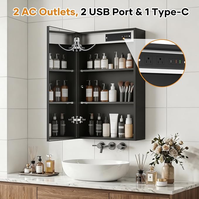Bathroom Medicine Cabinet with Mirrors and LED Lights, 16x30 inch Bathroom Storage Cabinet, One Doors Wall-Mounted Medicine Cabinet Organizer with Adjustable Shelves & Outlets (16x30 inch)