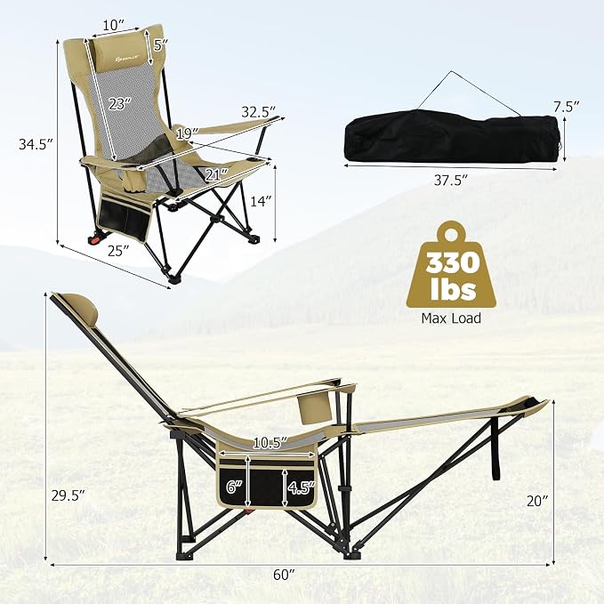 Goplus Camping Lounge Chair w/Detachable Footrest, Folding Beach Chair w/4-position Backrest, Carrying Bag, Removable Pillow, Cup Holder, Storage Pouch, Reclining Chair, 330LBS Capacity (Green,1)