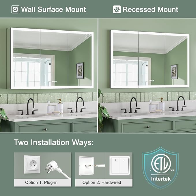48x30 Inch Lighted Medicine Cabinet with Mirror, AL Alloy Frame, Plug-in or Hardwired, Recessed or Surface Mount, 3 Colors/Dimmable/Interior Sensor Light/Defog,2 Outlets & USBs,4 Shelves