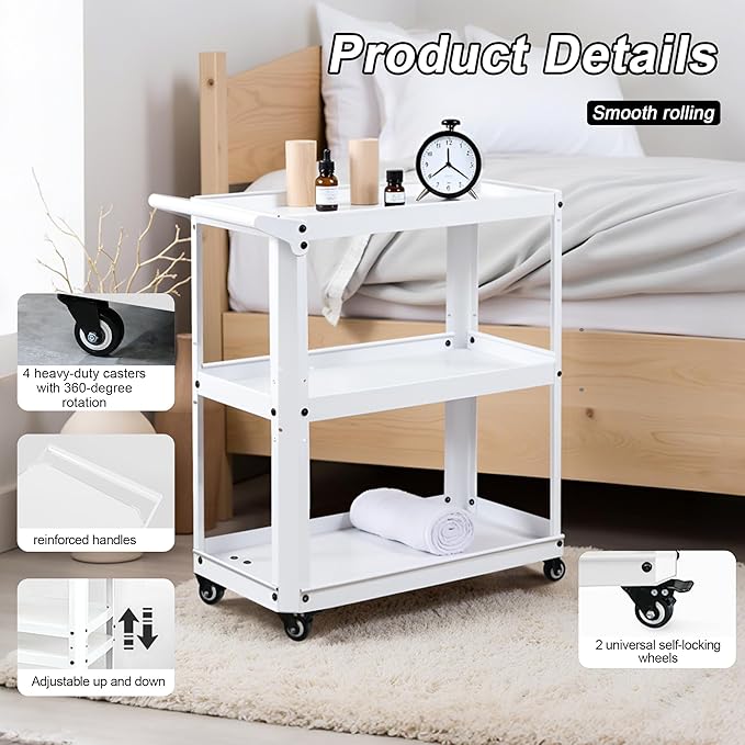3 Tier Metal Utility Rolling Cart with Wheels, Heavy Duty Storage Organizer Trolley Cart for Kitchen, Bathroom, Office, Bedroom – Multi-Purpose 330Lbs Capacity Utility Cart on Wheels, White
