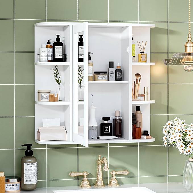 VINGLI Mirror Medicine Cabinet Wall Mounted, Bathroom Storage Organizer Over Toilet with 6 Open Curved Shelves, Adjustable Vanity Cupboard with Single Door for Entryway & Living Room, White