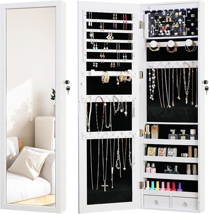 LED Jewelry Cabinet with Mirror - 47.3" Mirror Jewelry Armoire Door Hanging/Wall Mounted Mirror with Storage And Drawers White