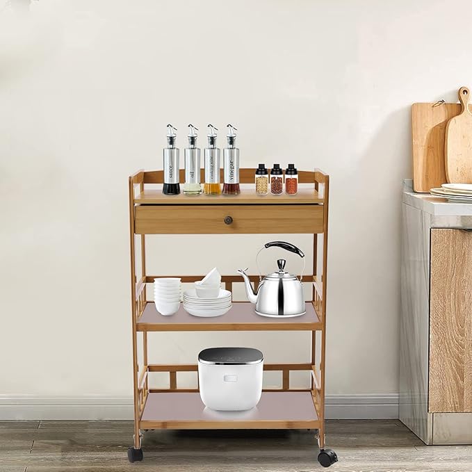 Bamboo Home Kitchen Island Trolley with Storage Drawer Stand 3 Tiers Shelves Cart Mobile Kitchen Utility Cart Storage Shelf Rack for Dining Room