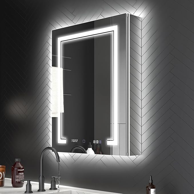 ExBrite 24x32 LED Lighted Medicine Cabinet with Mirror, Front & Backlit, Night Light, Clock & Temp Display, Defog, 5X Magnifier, 3-Color Dimmable LED, Surface or Recessed Mount, Hinge On the Left