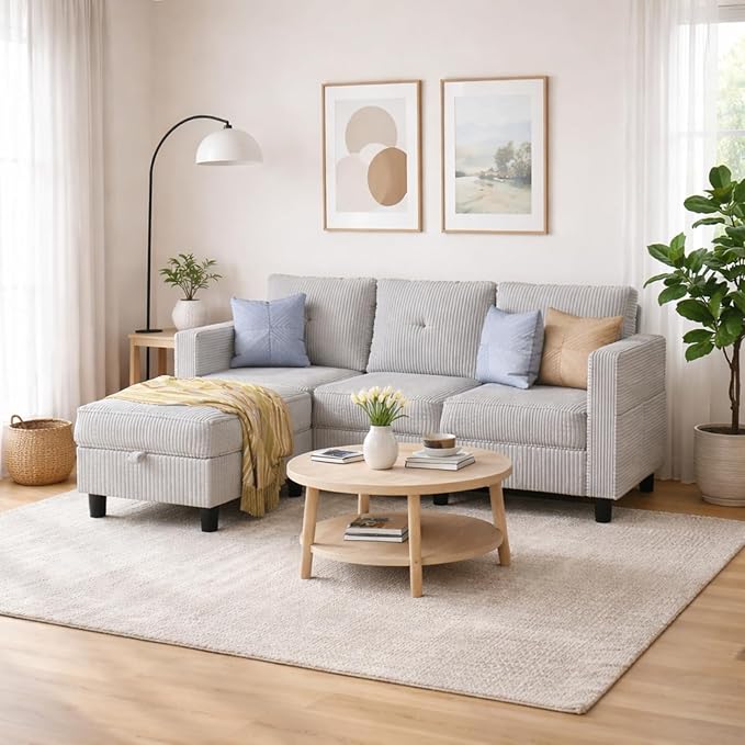 JAMFLY Convertible L-Shaped Sectional Sofa with Reversible Storage Ottoman, 3-Seat Couch with Side Pockets, Modern Compact Furniture for Small Apartments, Studios & Lofts, Light Grey