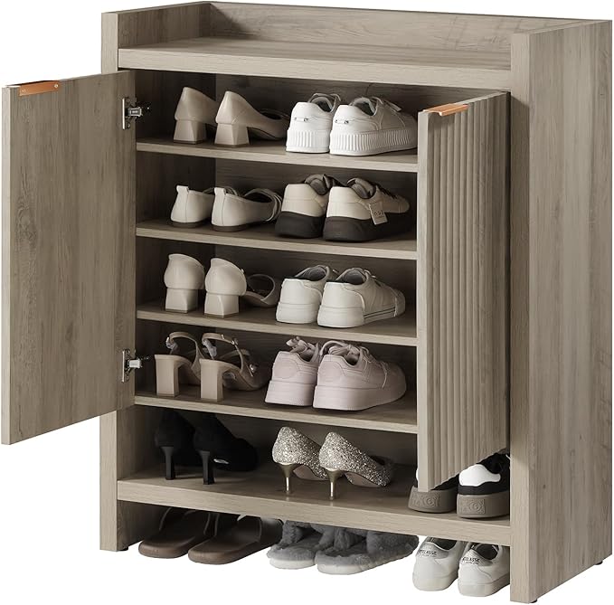 OAKHAM HOME 2-Door Fluted Shoe Cabinet, 41" Tall Shoe Storage Cabinet with Adjustable Shelves, Modern Closed Shoe Organizer for Entryway Hallway Mudroom (Gray Oak)