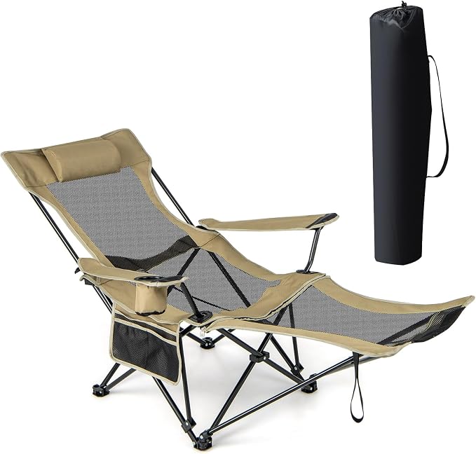 GYMAX Camping Chair, Adjustable Reclining Lounge Chair w/Removable Footrest, Padded Pillow, Cup Holder & Side Pocket, Folding Camping Mesh Chair w/Carry Bag for Outdoor Patio Lakeside (1, Khaki)