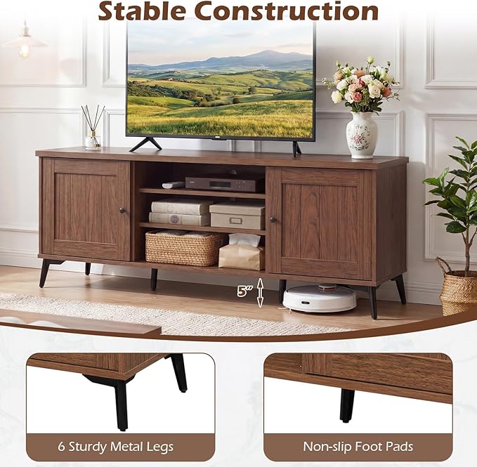 Giantex 2-Door TV Stand for TVs up to 65", Mid Century Modern Entertainment Center with 2 Storage Cabinets & 4 Adjustable Shelves, 6 Metal Legs, Media TV Console Table for Living Room (Walnut)