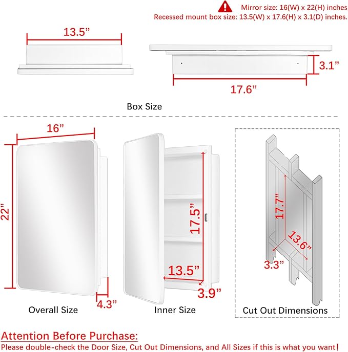 Fundin White Plastic Medicine Cabinet, Mirror Door with Round Corner Metal Frame, Recessed and Surface Mount Bathroom Wall Medicine Cabinet, 16 x 22 inch Mirror Size