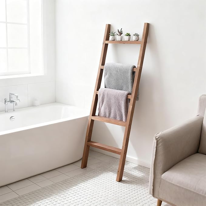 SwallowLiving Blanket Ladder – 58in Solid Wood Towel Ladder, Rustic Decorative Ladder for Blankets, Wooden Blanket Ladder Quilt Rack, Farmhouse Blanket Ladder for Living Room & Bathroom