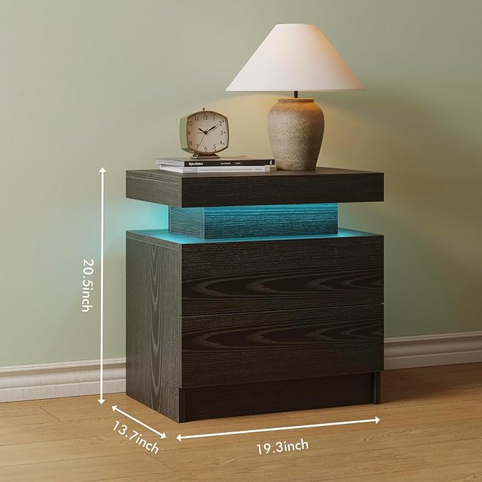 LED Nightstand with 2 Drawers,Modern Nightstand for Bedroom,Black Night Stand with LED Lights, LED Bedside Tables for Bedroom