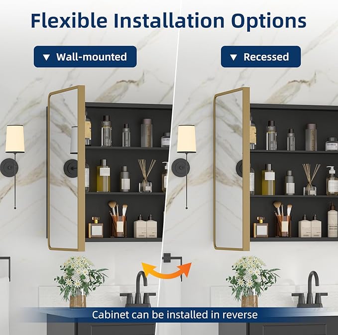 Bathroom Medicine Cabinet with Mirror 24 x 30 Inch, Brush Gold Medicine Cabinet Recessed or Surface Wall-Mounted, Mirrored Cabinets with Sturdy Metal Adjustable Shelves for Bathroom Vanity