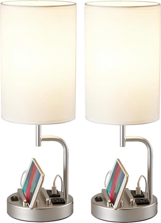 Dreamholder Table Lamp with 3 USB Charging Ports, Modern Desk Lamp with AC Outlet and Phone Stands, Perfect Bedside Lamp for Bedroom, Living Room, Office (Pack of 2), Silver