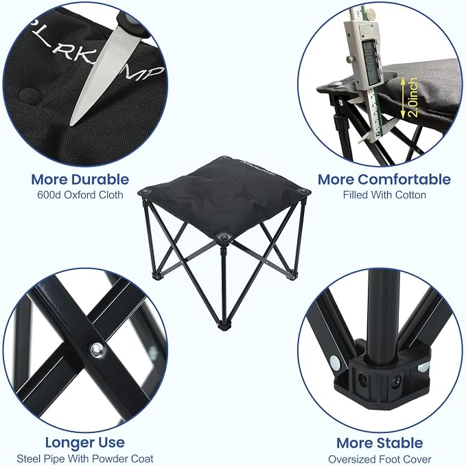 Padded Camping Stool, 18 Inch Oversized Camping Foot Rest, 500lb Outdoor Folding Camp Chair Portable Camping Ottoman for Camping Gardening w/Storage Net, Carry Bag (2, Black)