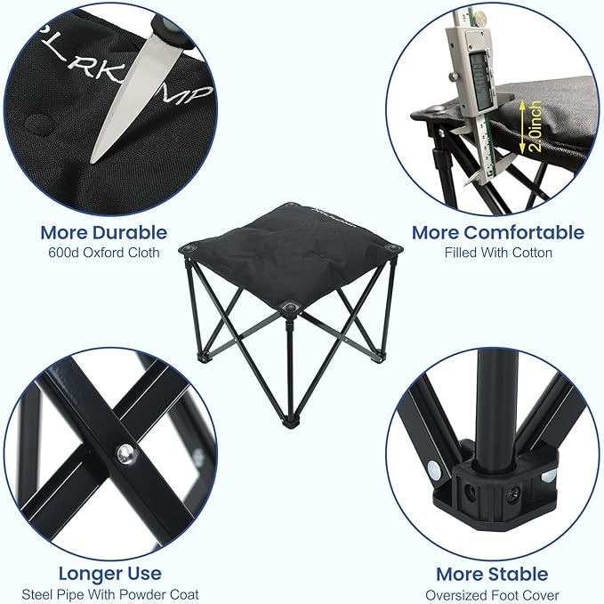 Padded Camping Stool, 18 Inch Oversized Camping Foot Rest, 500lb Outdoor Folding Camp Chair Portable Camping Ottoman for Camping Gardening w/Storage Net, Carry Bag (1, Black)
