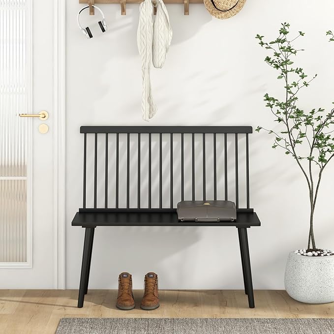 Giantex Dining Bench with Back, Black Windsor Bench with Spindle Back & Anti-Slip Foot Pads, Farmhouse Rubber Wood Dining Bench, Indoor Wooden Entryway Bench for Living Room, Dining Room, Hallway