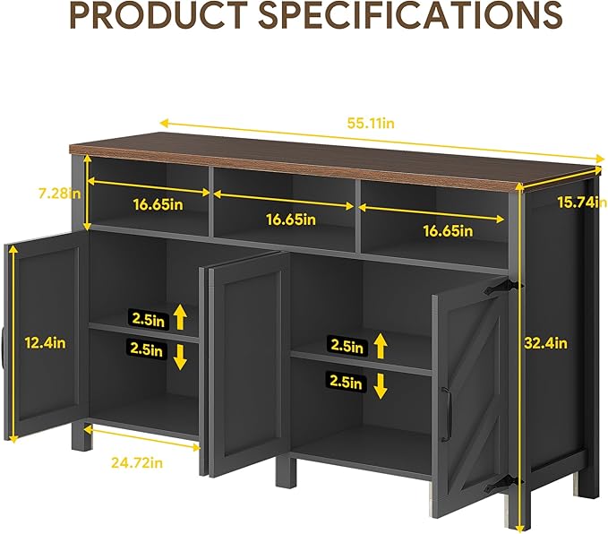 knoworld Buffet Sideboard with Storage Farmhouse with 4 Doors, 55'' Large Kitchen Storage Cabinet Wood Coffee Bar Cabinet Buffet Table with Shelves for Kitchen, Dining Room, Entryway (Black, 55 in)