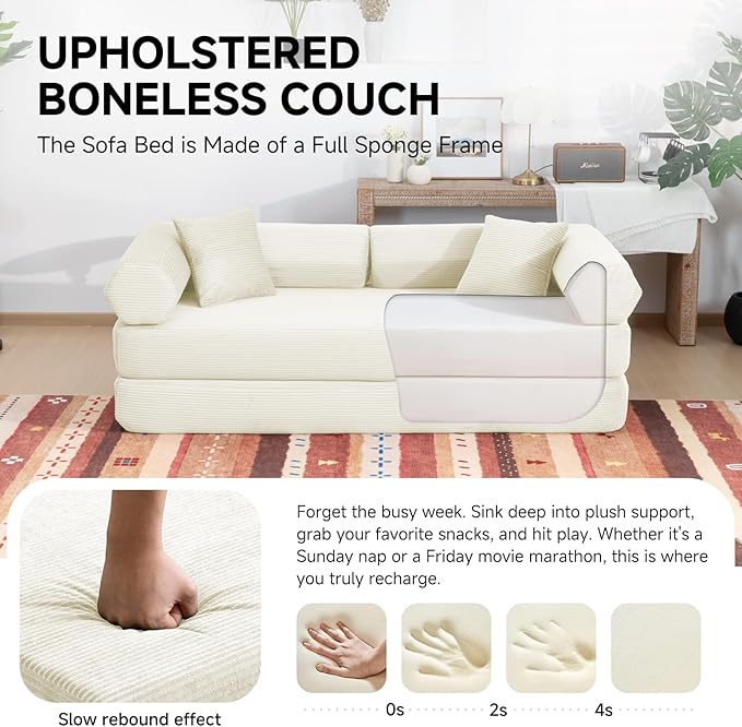 79" Boneless Couches for Living Room, Corduroy Sofa Bed with 2 Pillows,Side Pockets,Hex Arm, 5-in-1 Loveseat Sleeper Sofa for Small Spaces, High-Density Foam Couch, No Assembly, White