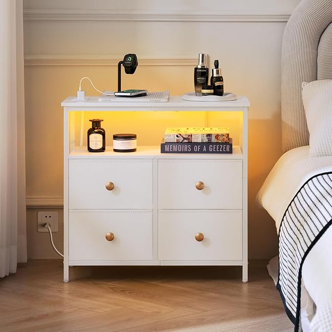 Yoobure Night Stand with Charge Station, Nightstand with 4 Drawers Bedside Table, LED Dresser with Storage Shelf, Night Stands for Bedroom, Side Table 3-Tier Wood End Table for Home, Office White