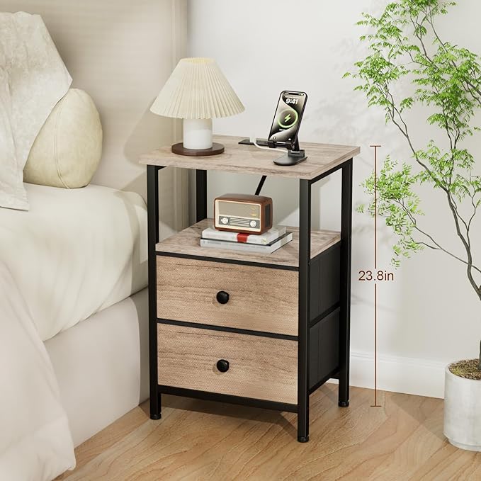 LOAKEKEL Night Stand, Nightstand with Charging Station, Slim Industrial Bedside Table with 2 Fabric Drawers, Small End Table with USB & Type-C Ports for Bedroom, Grey, HETS020GY-1