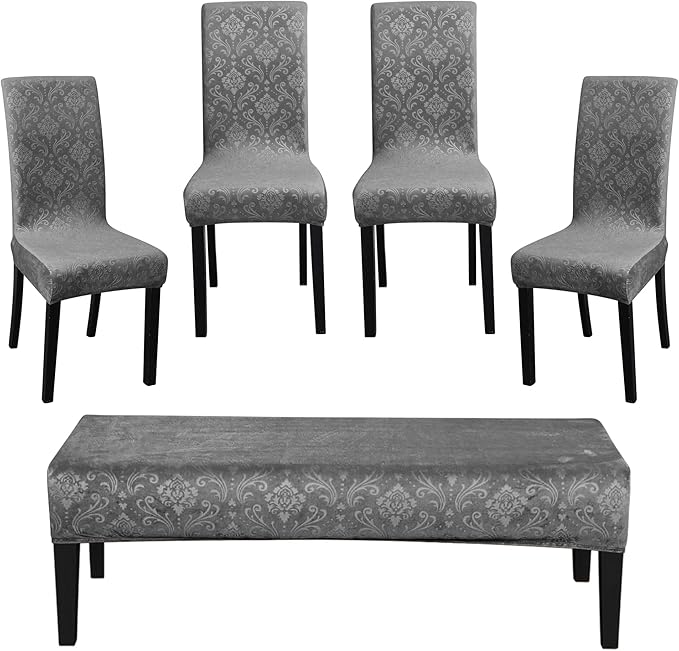 FORCHEER Kitchen Chair seat Cover Set 4 and Bench Cover Set Velvet Flower Pattern Anti-Dust Removable Seat Protector for Dining Room- 4 PCS Chair Cover+1 PC Bench Cover(Dark Grey)