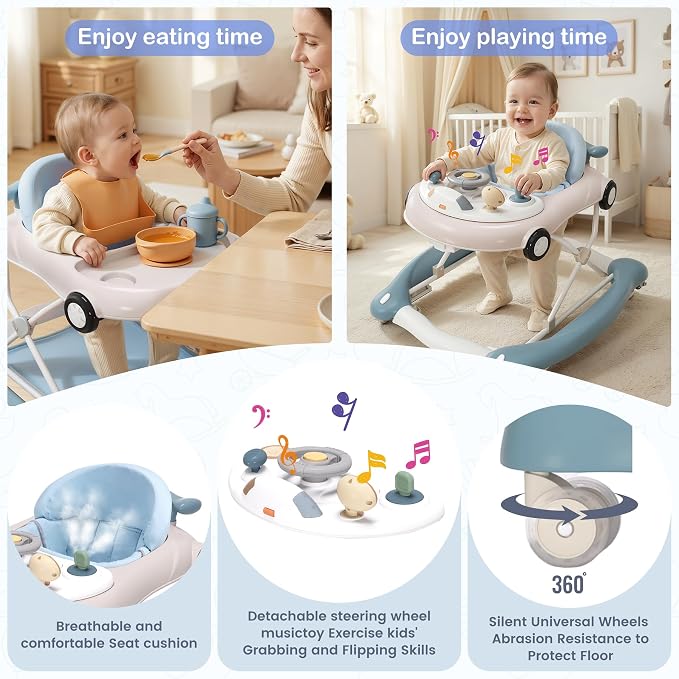 Baby Walker, 5-in-1 Baby Walker for Boys and Girls with Bouncer, Removable Footrest, Music, Foldable & Adjustable Speed Wheels Activity Walker for 6-18 Months Toddler Infant(Haze Blue)