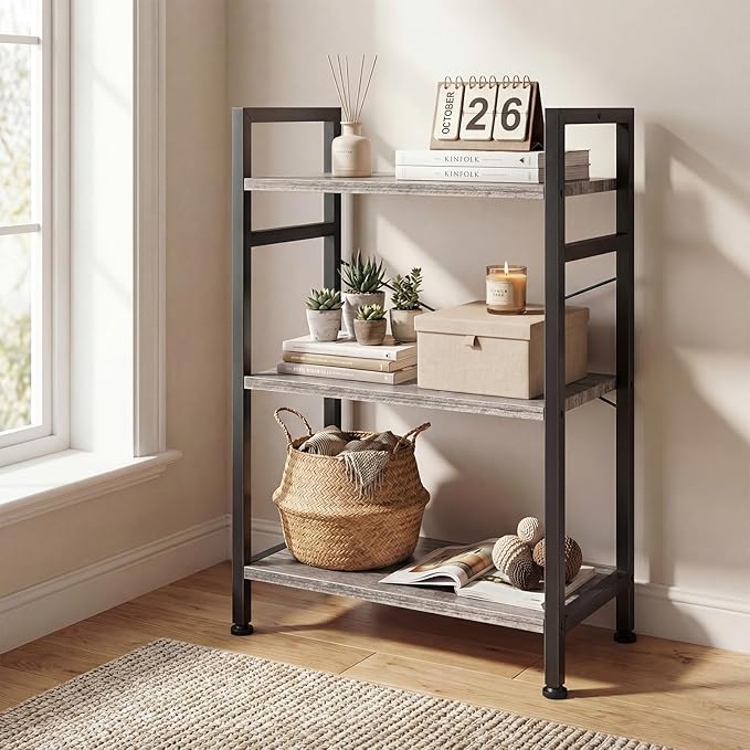 DUMOS 3 Tiers Open Bookshelf, Classic Freestanding Tall Display Shelf, Multifunctional Storage Organizer Rack for Living Room Home Office, Sturdy Bookcase for CDs/Books/Movies, Wood Grey