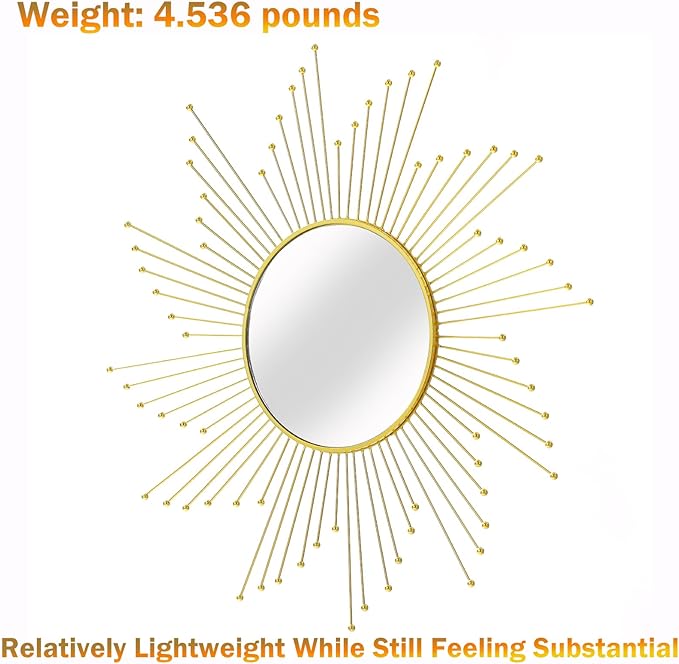 Large Gold Sunburst Mirror - 31" Starburst Wall Mirror with 12" Round Glass, Mid-Century Modern Elegant Gold Sun Mirrors for Living Room, Bedroom, Entryway Decor