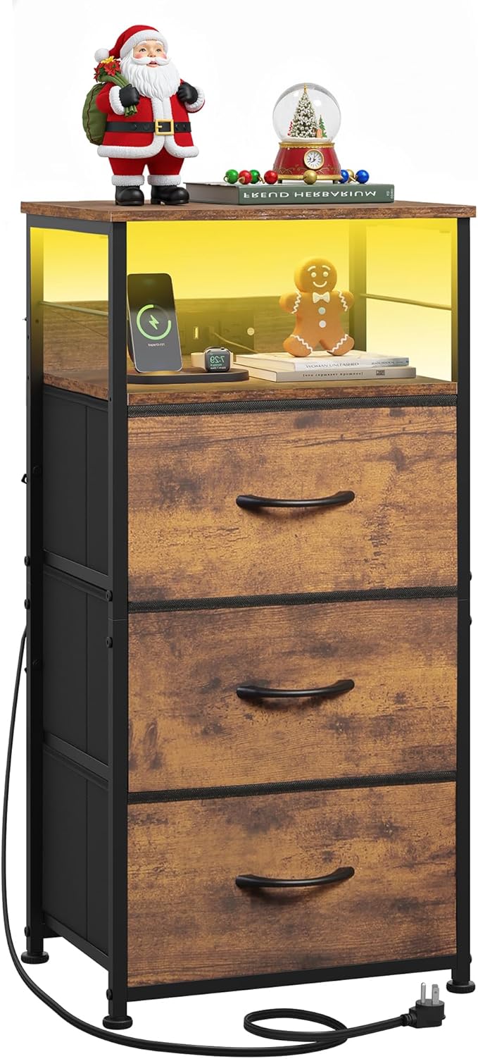 WLIVE Nightstand with Charging Station, 31.9" H Nightstand with 3 Fabric Drawers, LED Bedside Table with USB Ports and Outlets, End Table for Dorm, Bedroom, Entryway, Rustic Brown