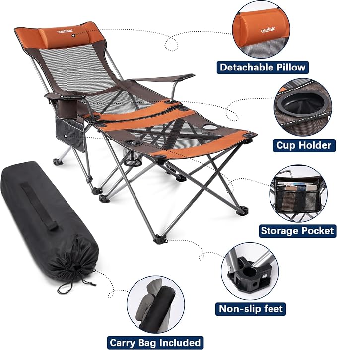 apollo walker Reclining Beach Chair, Adjustable 90-135° Backrest Camping Lounge Chairs for Adults, Folding Chair with Foot Rest & Detachable Pillow - Upgraded 8-Leg, Orange