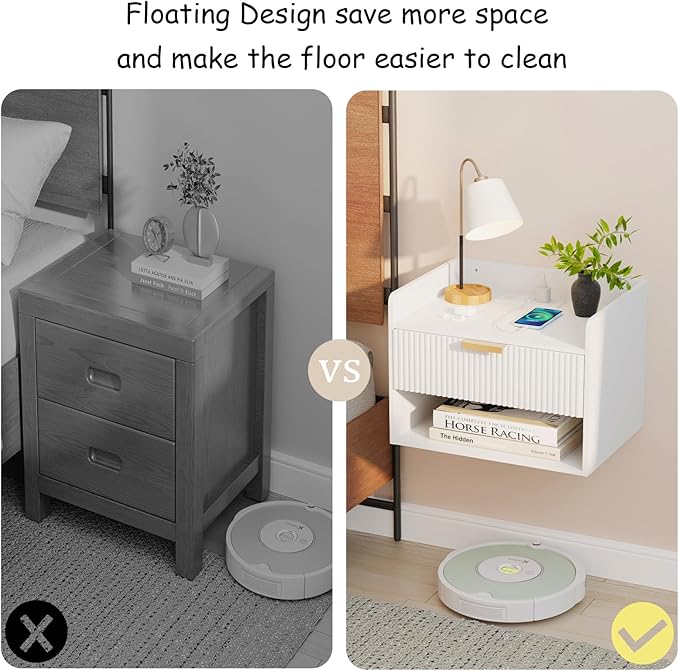 Arbuxzuy Floating Nightstand Set of 2 with Charging Station, Modern Wall Mounted Bedside Table with Drawer & Open Shelf, Minimalist Wooden Night Stand for Bedroom (White)