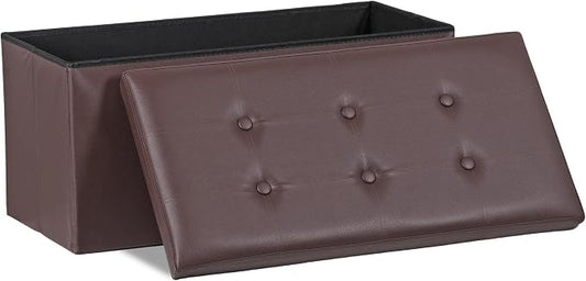SUPER DEAL 30 inch Storage Ottoman, Faux Leather Folding Ottoman Bench, Padded Footrest, Entryway Seating Bench for Bedroom Living Room Entryway, Holds up to 660 lb, Brown