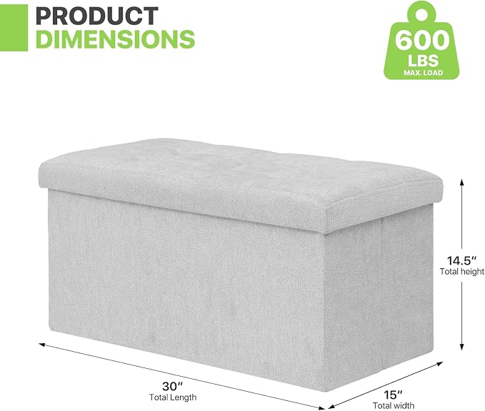 Magshion Folding Storage Ottoman Bench, 30 Inches Ottoman Foot Rest, End of Bed Bench, Storage Chest for Living Room, Entryway, Bedroom, 600 lbs Load Capacity, 15 x 30 x 15 Inches, Light Gray