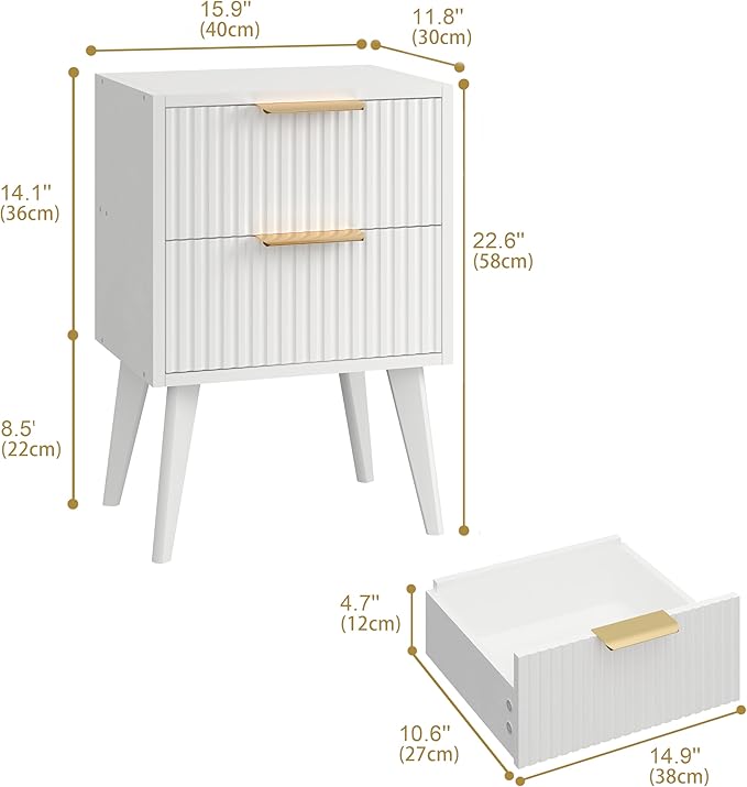 YAUKOMEL Fluted Nightstand with 2 Drawers,Modern Bedside Table with Metal Handles,Side Table with Solid Wood Legs,End Table for Living Room,Bedroom,Small Spcae 11.8" D x 15.7" W x 22.8" H White CTG55W