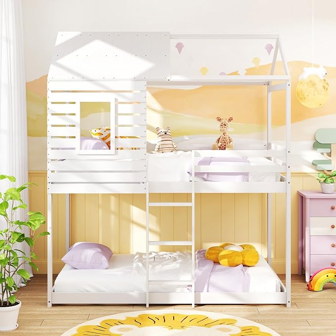 Giantex Wood Bunk Bed Twin Over Twin, House Bed Frame with Ladder and Guardrail, Floor Bunk Bed with Wood Slats for Kids, Girls, Boys, Dormitory and Bedroom, No Box Spring Needed, White