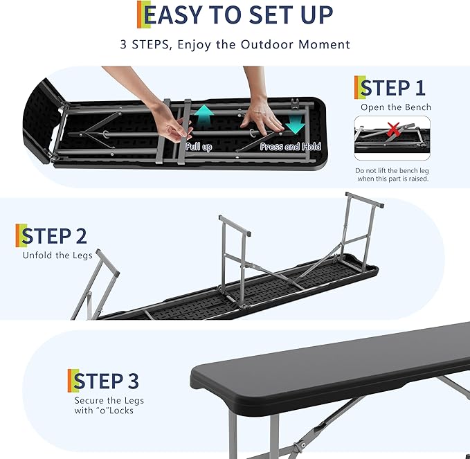 Garvee 6FT Folding Bench, Plastic Portable Folding Bench Seat with Carry Handle & Lock for in/Outdoor Activities, Picnic, Soccer, Caming Dining Seat, Black