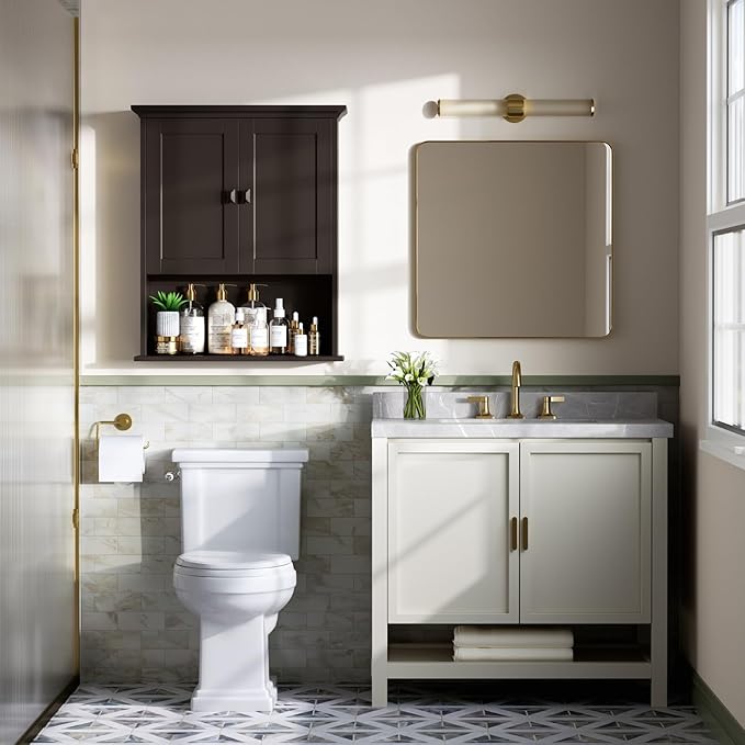 Bathroom Wall Cabinet, Wooden Medicine Cabinet Over Toilet Storage Cabinet with Doors and Adjustable Shelf Wall Mounted Storage Organizer Cabinet Above Toilet (Espresso)